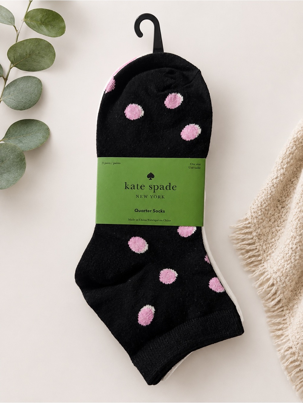kate spade Black and Pink Polka Dot Print & 2 Other Quarter Socks